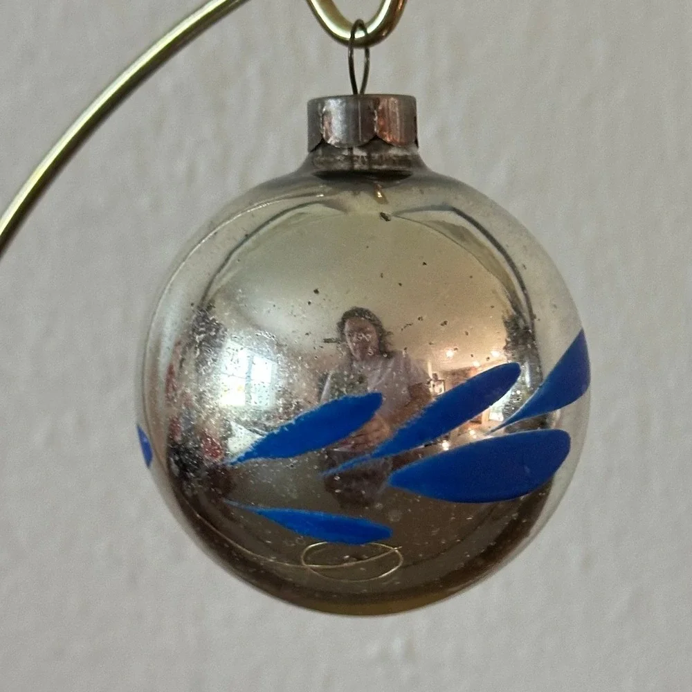 Vintage Heim Mercury Glass Christmas Ornament Blue Painted Petals Silver 2''
